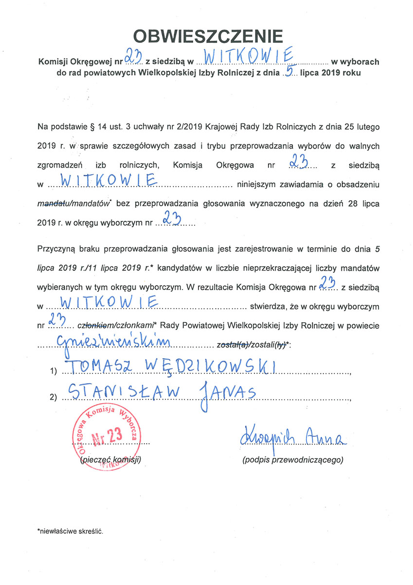 Obwieszczenie Komisji Okręgowej nr 23 z siedzibą w Witkowie w wyborach do rad powiatowych Wielkopolskiej Izby Rolniczej z dnia 5 lipca 2019 roku