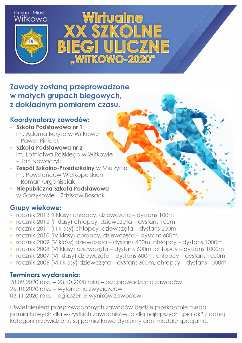 Plakat - Wirtualne XX Szkolne Biegi Uliczne „Witkowo-2020” - treść plakatu w pełnej informacji